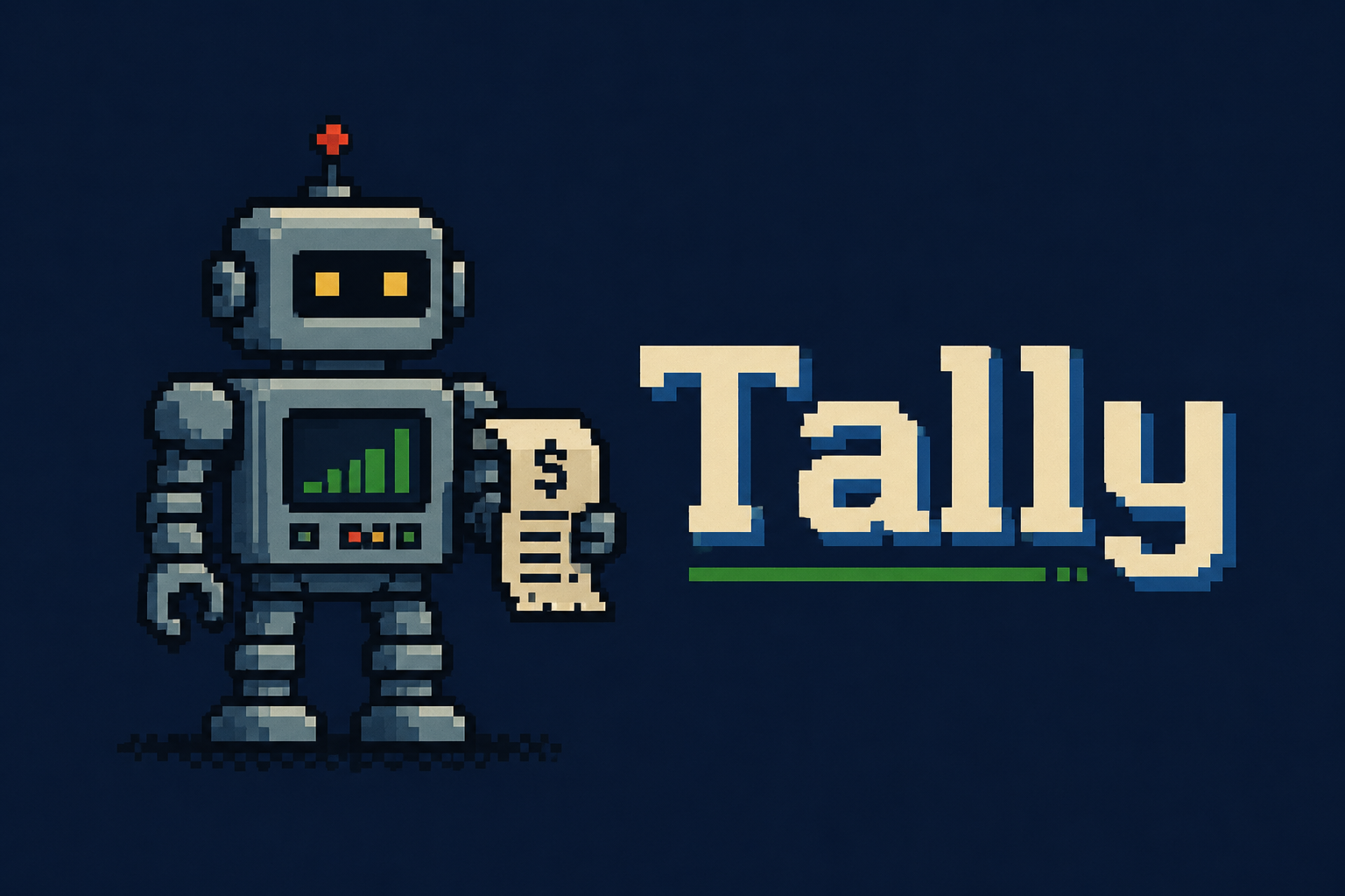 Tally — pixel-art robot mascot holding a receipt beside a bar chart
